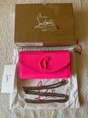 Christian Louboutin Loubi54 Hot Pink Patent Leather Flap Clutch with Chain